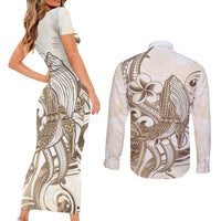 Brown Hawaii Humpback Whale Couples Matching Short Sleeve Bodycon Dress and Long Sleeve Button Shirt Polynesian Tribal Ocean Vibes