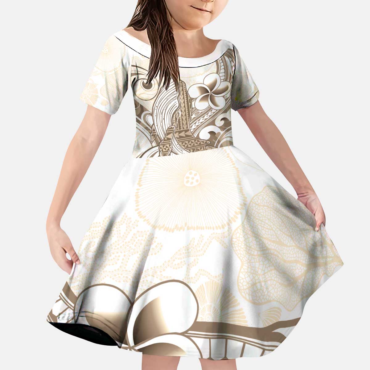 Brown Hawaii Humpback Whale Family Matching Puletasi and Hawaiian Shirt Polynesian Tribal Ocean Vibes LT14 Daughter's Dress Brown - Polynesian Pride