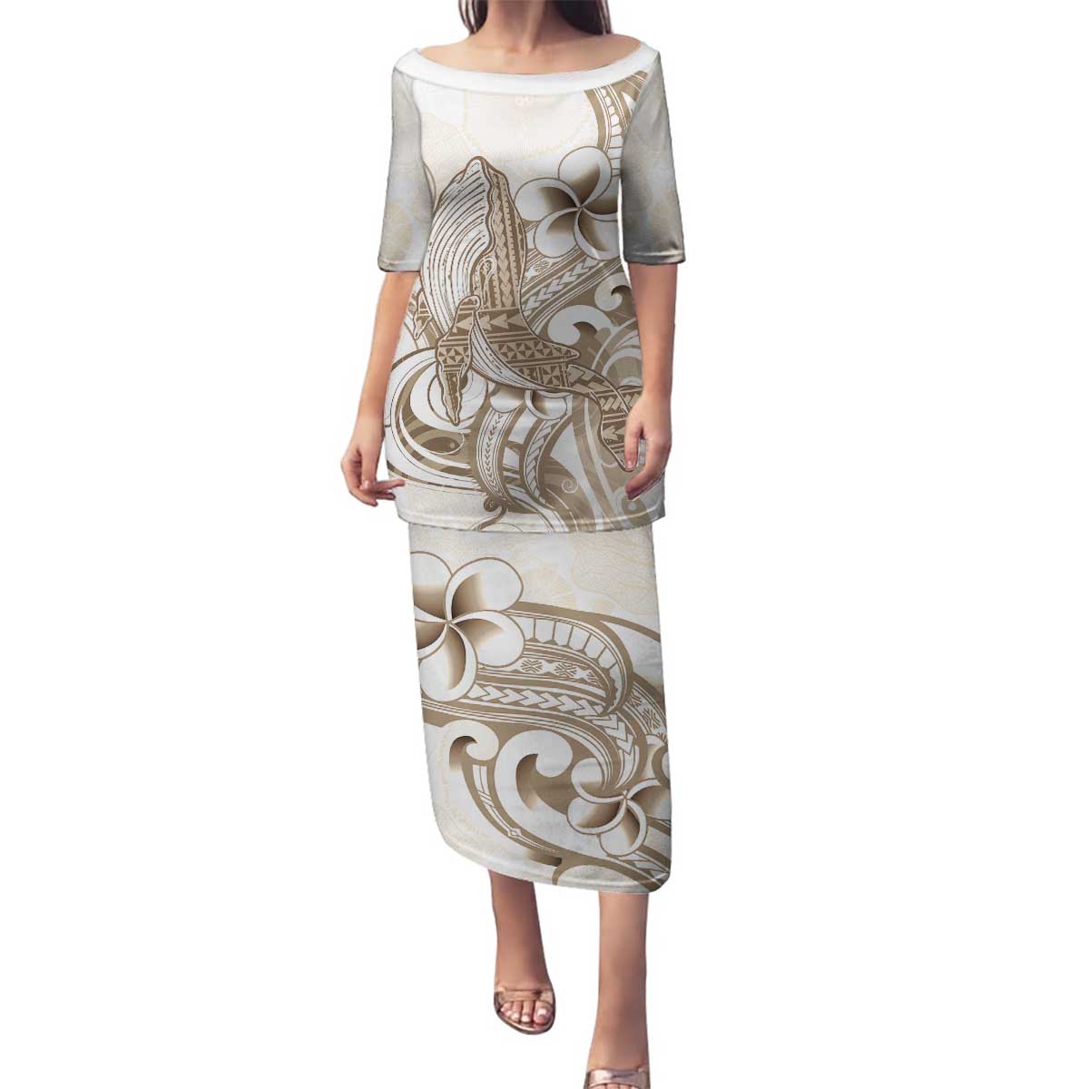 Brown Hawaii Humpback Whale Family Matching Puletasi and Hawaiian Shirt Polynesian Tribal Ocean Vibes LT14 Mom's Dress Brown - Polynesian Pride