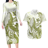 Lime Green Hawaii Couples Matching Long Sleeve Bodycon Dress and Hawaiian Shirt Humpback Whale Tattoo Polynesian Tribal Ocean Vibes LT14 Lime Green - Polynesian Pride