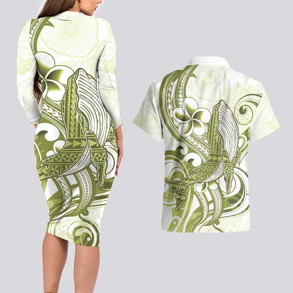 Lime Green Hawaii Couples Matching Long Sleeve Bodycon Dress and Hawaiian Shirt Humpback Whale Tattoo Polynesian Tribal Ocean Vibes LT14 - Polynesian Pride