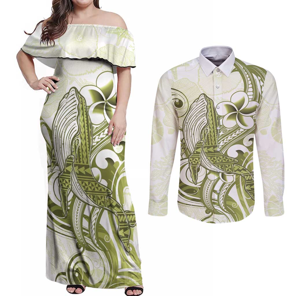 Lime Green Hawaii Couples Matching Off Shoulder Maxi Dress and Long Sleeve Button Shirt Humpback Whale Tattoo Polynesian Tribal Ocean Vibes