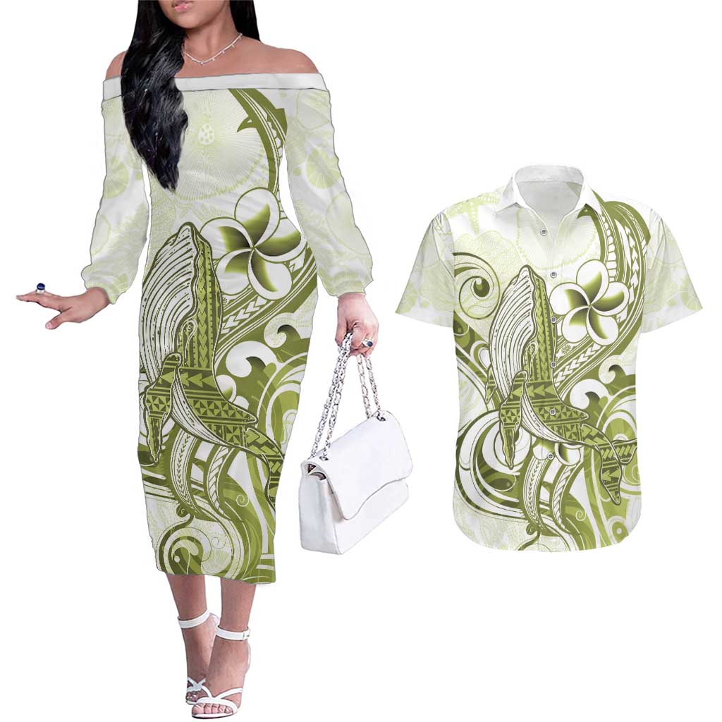 Lime Green Hawaii Couples Matching Off The Shoulder Long Sleeve Dress and Hawaiian Shirt Humpback Whale Tattoo Polynesian Tribal Ocean Vibes