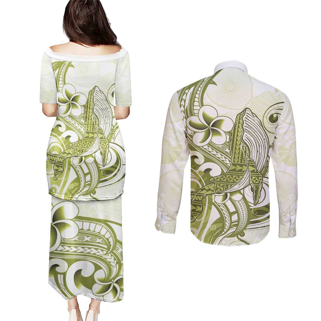 Lime Green Hawaii Couples Matching Puletasi and Long Sleeve Button Shirt Humpback Whale Tattoo Polynesian Tribal Ocean Vibes LT14 - Polynesian Pride