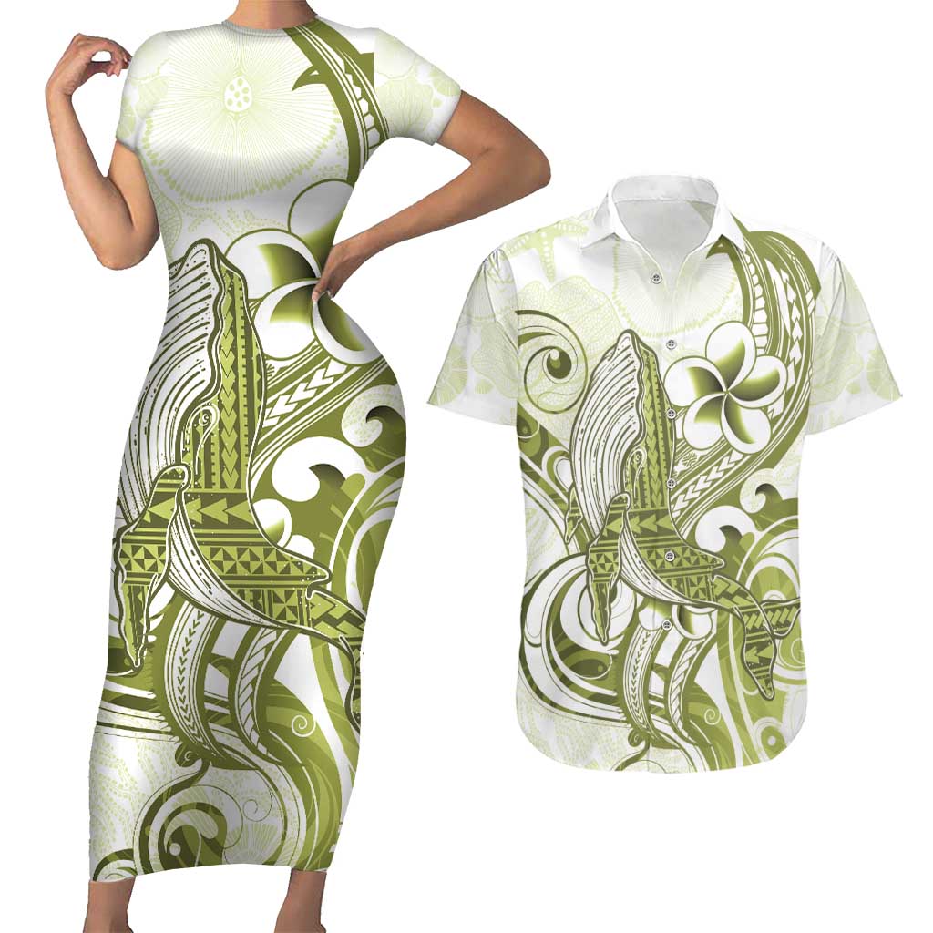 Lime Green Hawaii Couples Matching Short Sleeve Bodycon Dress and Hawaiian Shirt Humpback Whale Tattoo Polynesian Tribal Ocean Vibes LT14 Lime Green - Polynesian Pride