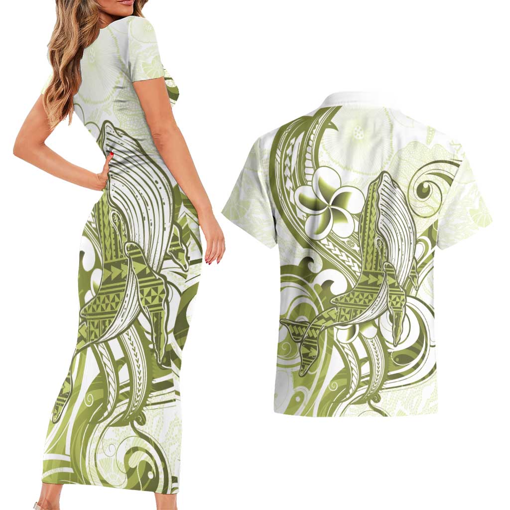 Lime Green Hawaii Couples Matching Short Sleeve Bodycon Dress and Hawaiian Shirt Humpback Whale Tattoo Polynesian Tribal Ocean Vibes LT14 - Polynesian Pride