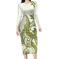 Lime Green Hawaii Long Sleeve Bodycon Dress Humpback Whale Tattoo Polynesian Tribal Ocean Vibes LT14 Long Dress Lime Green - Polynesian Pride