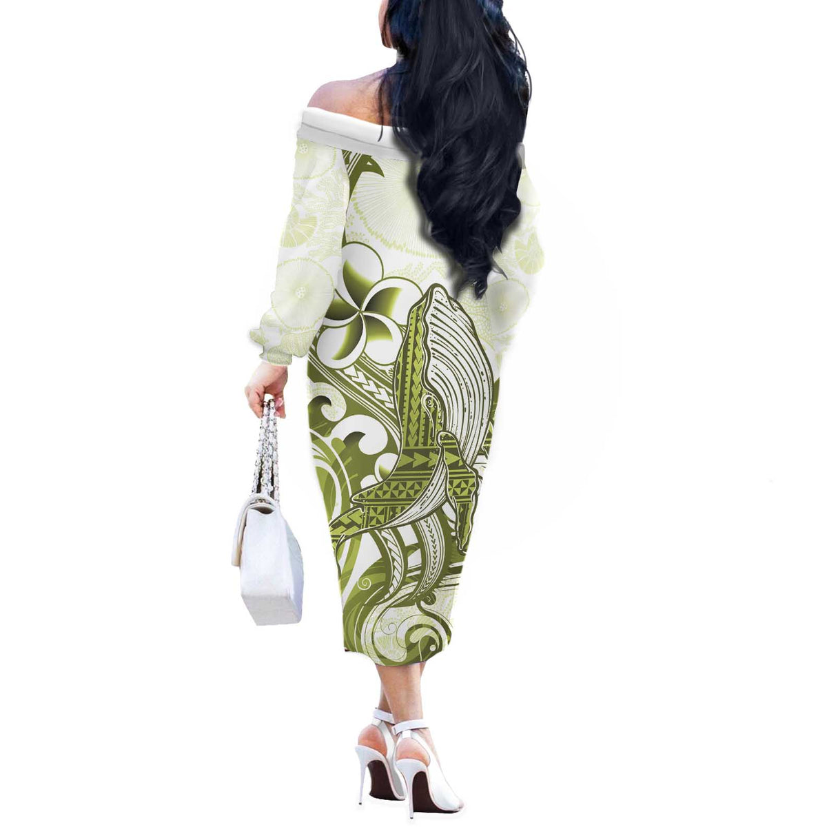 Lime Green Hawaii Off The Shoulder Long Sleeve Dress Humpback Whale Tattoo Polynesian Tribal Ocean Vibes LT14 - Polynesian Pride