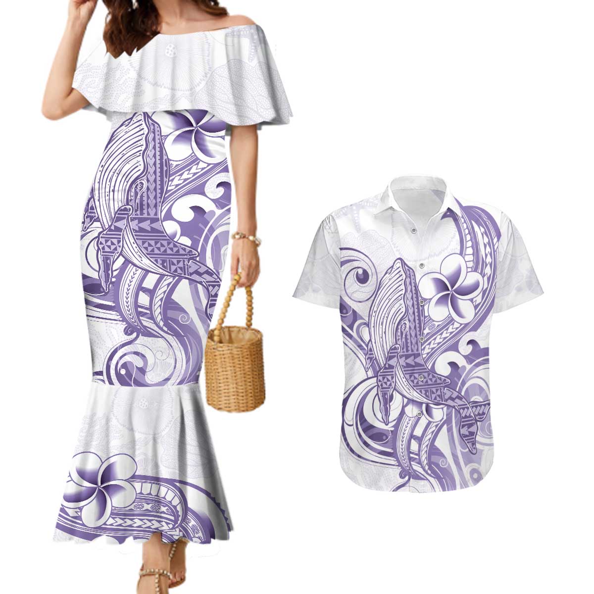 Purple Hawaii Couples Matching Mermaid Dress and Hawaiian Shirt Humpback Whale Tattoo Polynesian Tribal Ocean Vibes LT14 Purple - Polynesian Pride