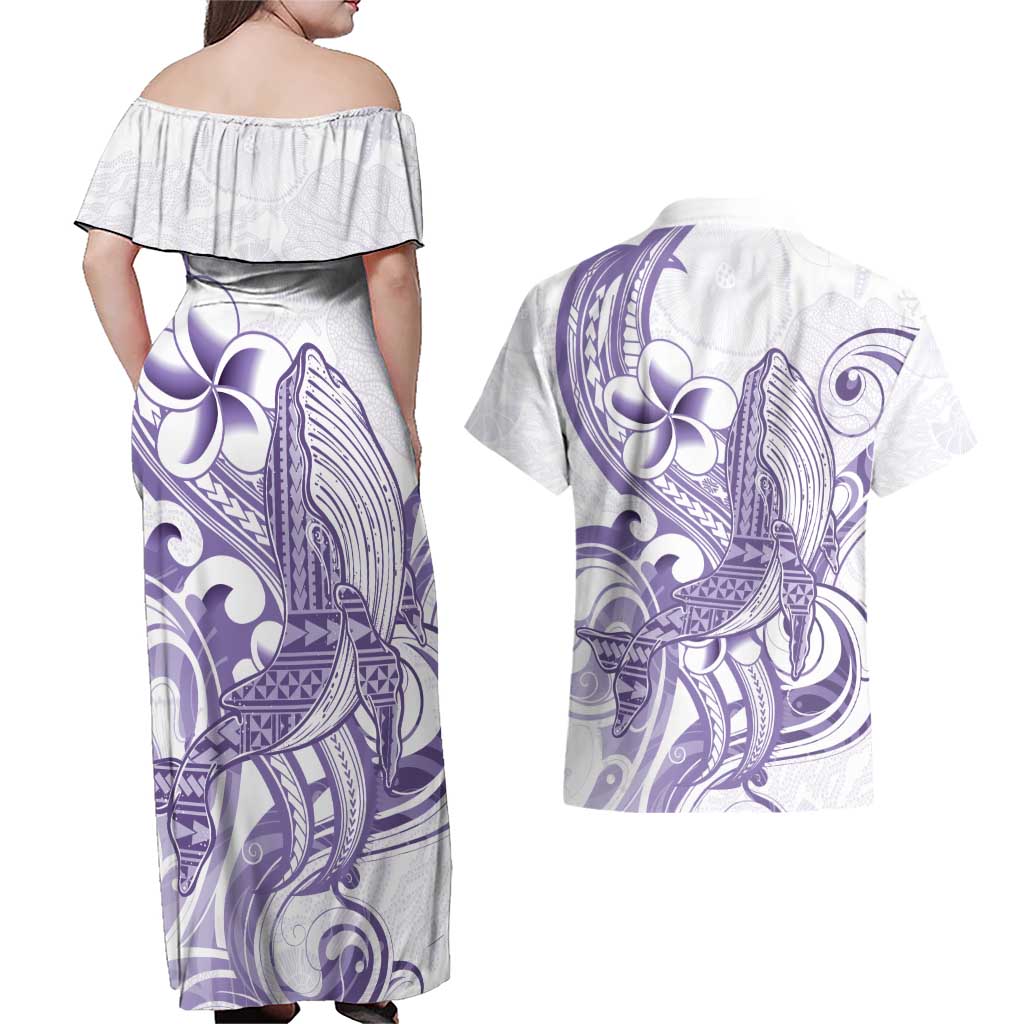 Purple Hawaii Couples Matching Off Shoulder Maxi Dress and Hawaiian Shirt Humpback Whale Tattoo Polynesian Tribal Ocean Vibes LT14 - Polynesian Pride