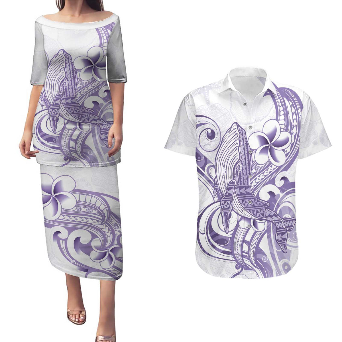 Purple Hawaii Couples Matching Puletasi and Hawaiian Shirt Humpback Whale Tattoo Polynesian Tribal Ocean Vibes LT14 Purple - Polynesian Pride