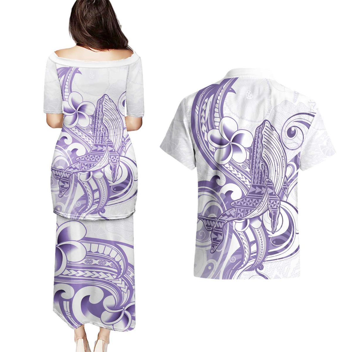 Purple Hawaii Couples Matching Puletasi and Hawaiian Shirt Humpback Whale Tattoo Polynesian Tribal Ocean Vibes LT14 - Polynesian Pride