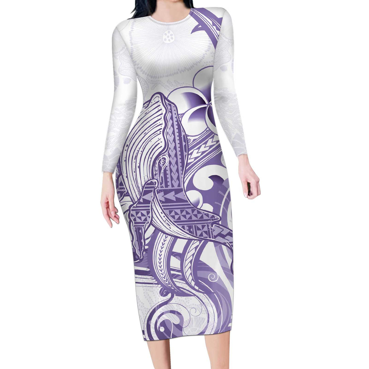 Purple Hawaii Long Sleeve Bodycon Dress Humpback Whale Tattoo Polynesian Tribal Ocean Vibes LT14 Long Dress Purple - Polynesian Pride