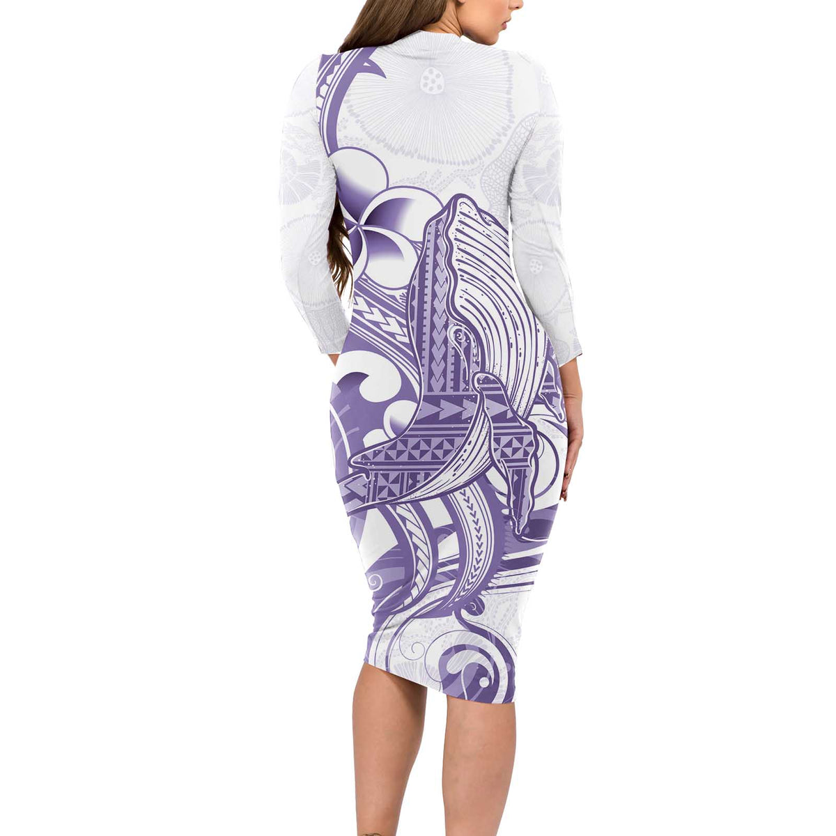 Purple Hawaii Long Sleeve Bodycon Dress Humpback Whale Tattoo Polynesian Tribal Ocean Vibes LT14 - Polynesian Pride