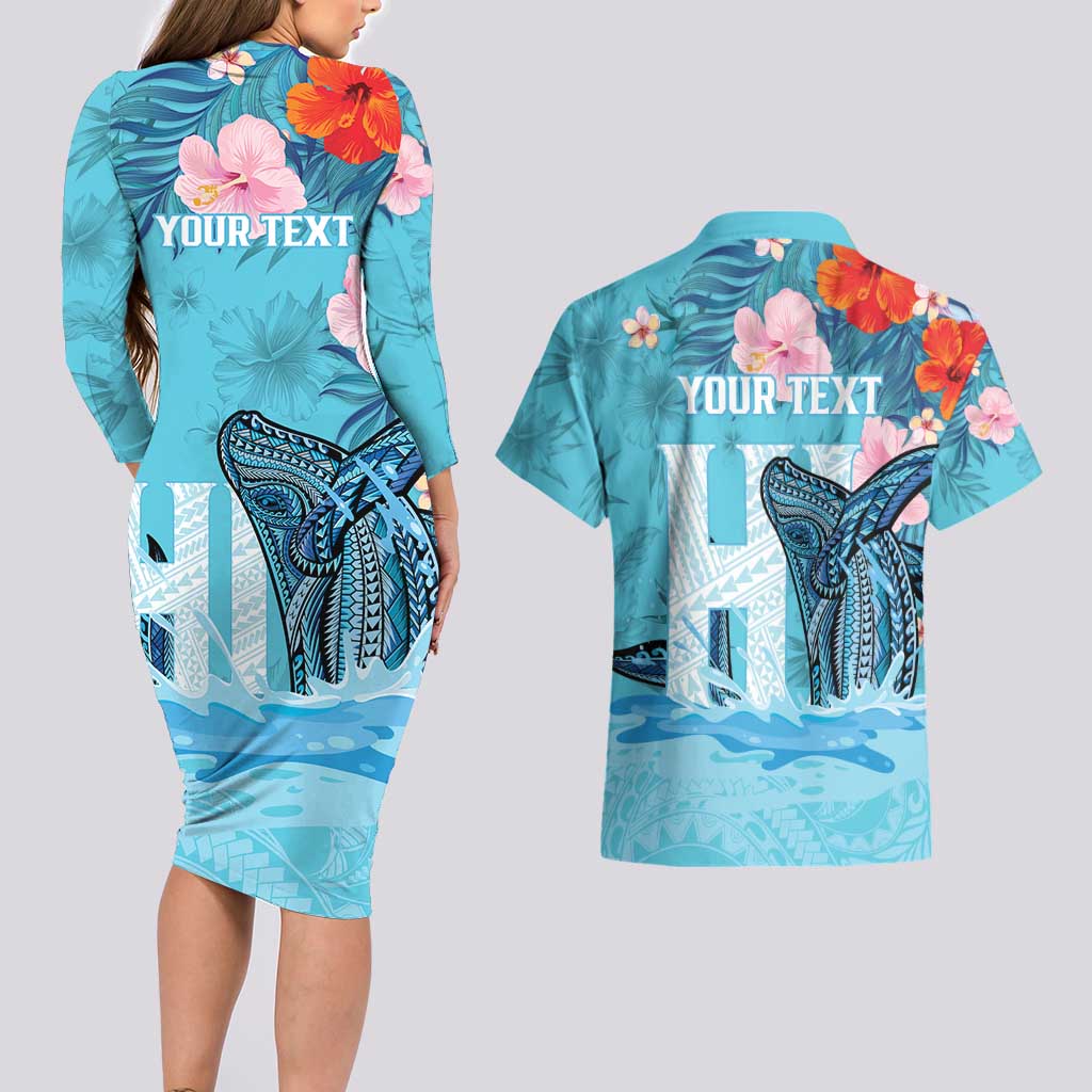 Personalised Hawaii Couples Matching Long Sleeve Bodycon Dress and Hawaiian Shirt Humpback Whale Tattoo With Tropical Flowers LT14 - Polynesian Pride