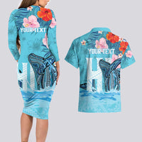 Personalised Hawaii Couples Matching Long Sleeve Bodycon Dress and Hawaiian Shirt Humpback Whale Tattoo With Tropical Flowers LT14 - Polynesian Pride