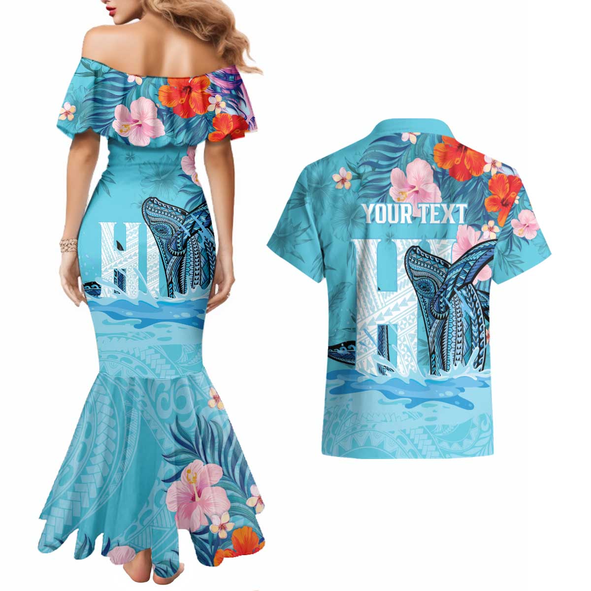 Personalised Hawaii Couples Matching Mermaid Dress and Hawaiian Shirt Humpback Whale Tattoo With Tropical Flowers LT14 - Polynesian Pride
