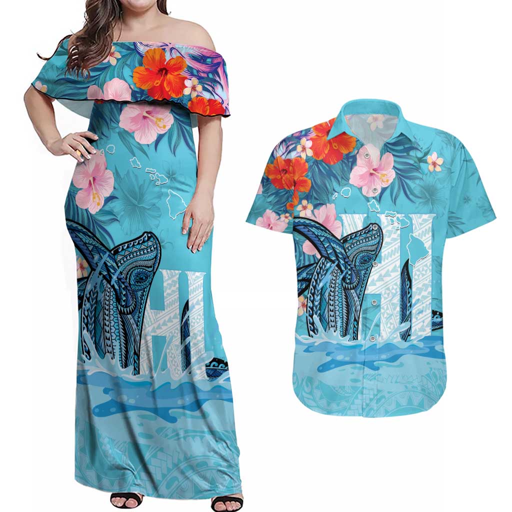 Personalised Hawaii Couples Matching Off Shoulder Maxi Dress and Hawaiian Shirt Humpback Whale Tattoo With Tropical Flowers LT14 Blue - Polynesian Pride