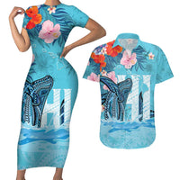 Personalised Hawaii Couples Matching Short Sleeve Bodycon Dress and Hawaiian Shirt Humpback Whale Tattoo With Tropical Flowers LT14 Blue - Polynesian Pride