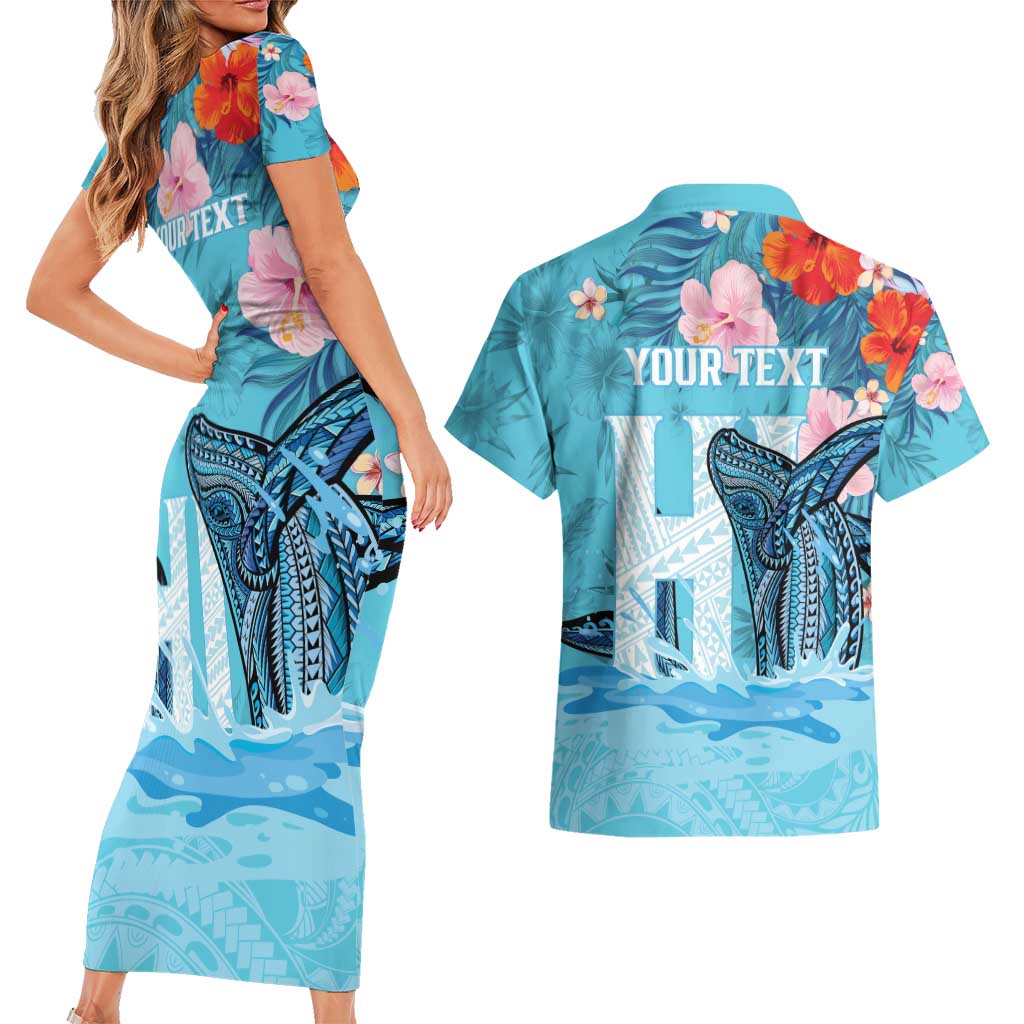 Personalised Hawaii Couples Matching Short Sleeve Bodycon Dress and Hawaiian Shirt Humpback Whale Tattoo With Tropical Flowers LT14 - Polynesian Pride