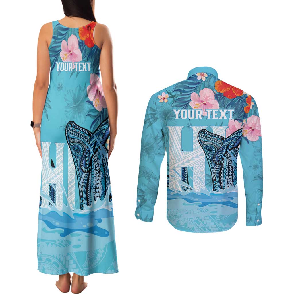 Personalised Hawaii Couples Matching Tank Maxi Dress and Long Sleeve Button Shirt Humpback Whale Tattoo With Tropical Flowers