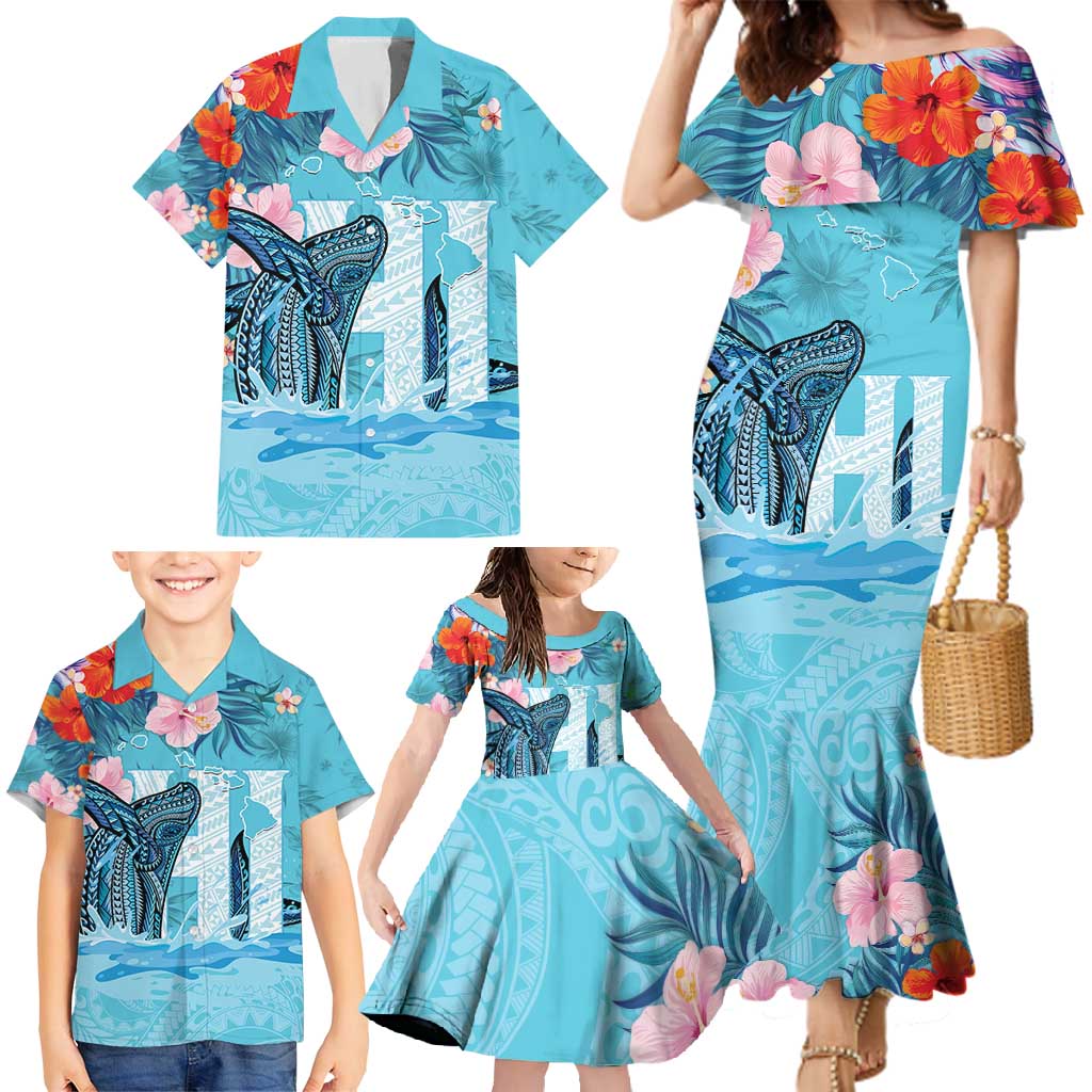 Personalised Hawaii Family Matching Mermaid Dress and Hawaiian Shirt Humpback Whale Tattoo With Tropical Flowers LT14 - Polynesian Pride