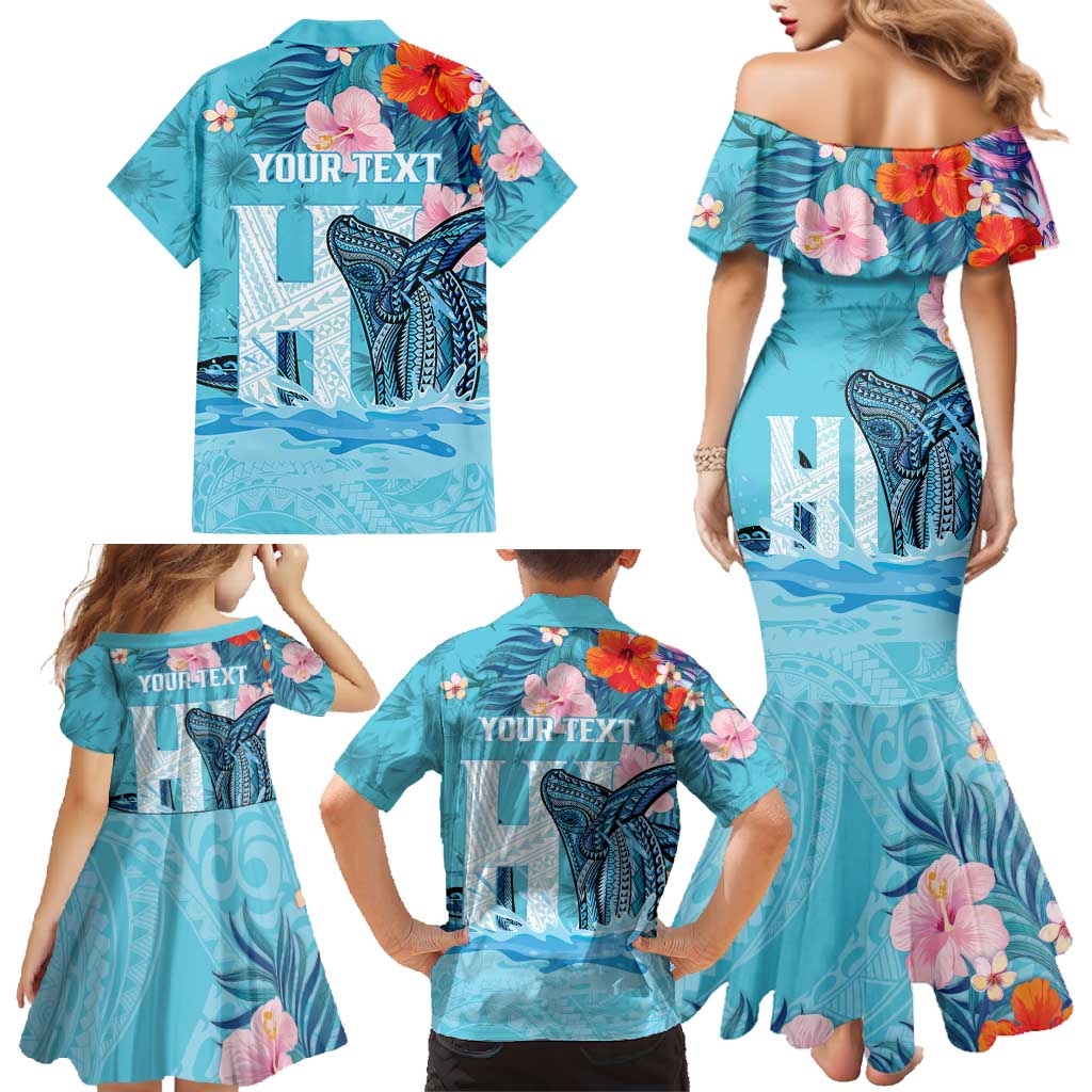 Personalised Hawaii Family Matching Mermaid Dress and Hawaiian Shirt Humpback Whale Tattoo With Tropical Flowers LT14 - Polynesian Pride