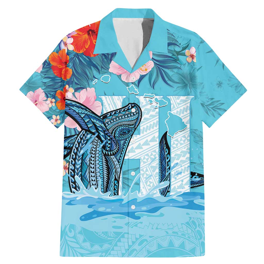 Personalised Hawaii Family Matching Mermaid Dress and Hawaiian Shirt Humpback Whale Tattoo With Tropical Flowers LT14 Dad's Shirt - Short Sleeve Blue - Polynesian Pride