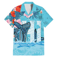 Personalised Hawaii Family Matching Mermaid Dress and Hawaiian Shirt Humpback Whale Tattoo With Tropical Flowers LT14 Dad's Shirt - Short Sleeve Blue - Polynesian Pride