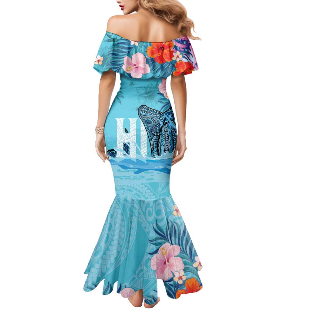 Personalised Hawaii Family Matching Mermaid Dress and Hawaiian Shirt Humpback Whale Tattoo With Tropical Flowers LT14 - Polynesian Pride