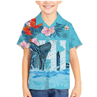 Personalised Hawaii Family Matching Mermaid Dress and Hawaiian Shirt Humpback Whale Tattoo With Tropical Flowers LT14 Son's Shirt Blue - Polynesian Pride
