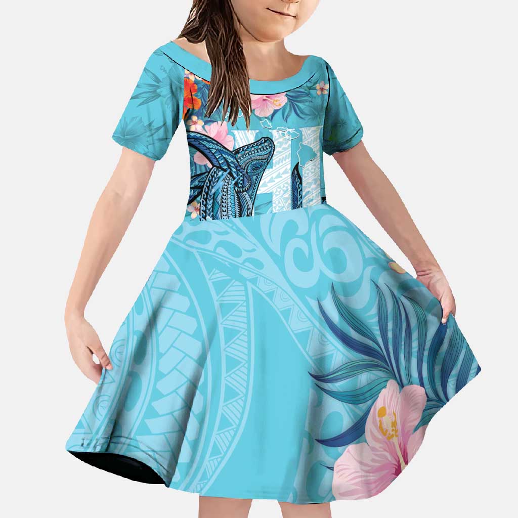 Personalised Hawaii Family Matching Off Shoulder Maxi Dress and Hawaiian Shirt Humpback Whale Tattoo With Tropical Flowers LT14 Daughter's Dress Blue - Polynesian Pride