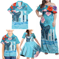 Personalised Hawaii Family Matching Off Shoulder Maxi Dress and Hawaiian Shirt Humpback Whale Tattoo With Tropical Flowers LT14 - Polynesian Pride