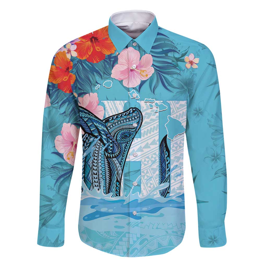 Personalised Hawaii Family Matching Off Shoulder Maxi Dress and Hawaiian Shirt Humpback Whale Tattoo With Tropical Flowers LT14 Dad's Shirt - Long Sleeve Blue - Polynesian Pride