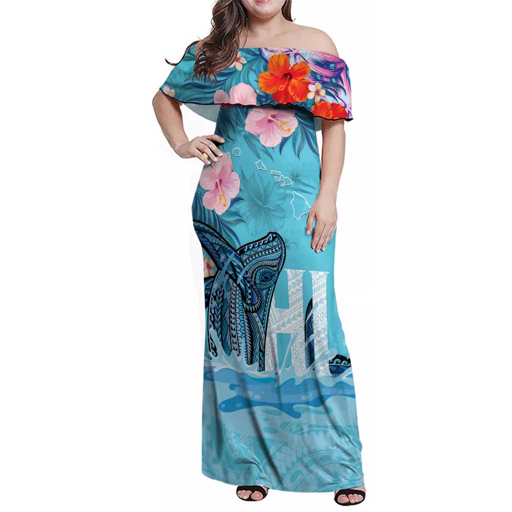 Personalised Hawaii Family Matching Off Shoulder Maxi Dress and Hawaiian Shirt Humpback Whale Tattoo With Tropical Flowers LT14 Mom's Dress Blue - Polynesian Pride
