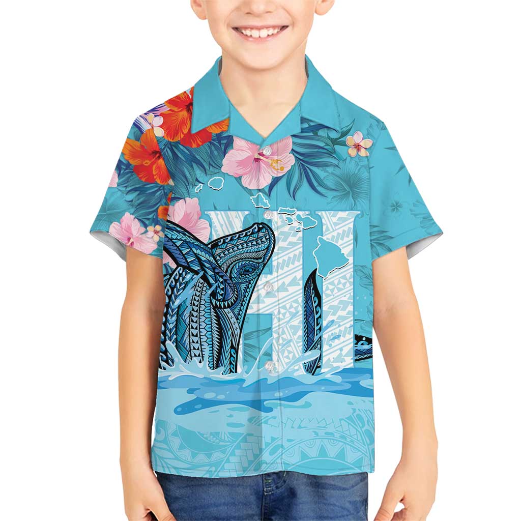 Personalised Hawaii Family Matching Off Shoulder Maxi Dress and Hawaiian Shirt Humpback Whale Tattoo With Tropical Flowers LT14 Son's Shirt Blue - Polynesian Pride