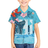 Personalised Hawaii Family Matching Off Shoulder Maxi Dress and Hawaiian Shirt Humpback Whale Tattoo With Tropical Flowers LT14 Son's Shirt Blue - Polynesian Pride
