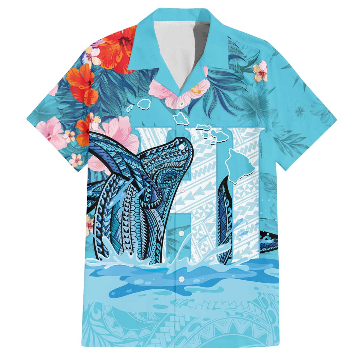 Personalised Hawaii Family Matching Puletasi and Hawaiian Shirt Humpback Whale Tattoo With Tropical Flowers LT14 Dad's Shirt - Short Sleeve Blue - Polynesian Pride