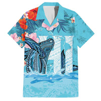 Personalised Hawaii Family Matching Puletasi and Hawaiian Shirt Humpback Whale Tattoo With Tropical Flowers LT14 Dad's Shirt - Short Sleeve Blue - Polynesian Pride