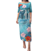 Personalised Hawaii Family Matching Puletasi and Hawaiian Shirt Humpback Whale Tattoo With Tropical Flowers LT14 Mom's Dress Blue - Polynesian Pride