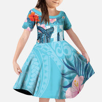 Personalised Hawaii Kid Short Sleeve Dress Humpback Whale Tattoo With Tropical Flowers LT14 KID Blue - Polynesian Pride