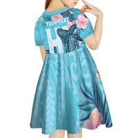 Personalised Hawaii Kid Short Sleeve Dress Humpback Whale Tattoo With Tropical Flowers LT14 - Polynesian Pride