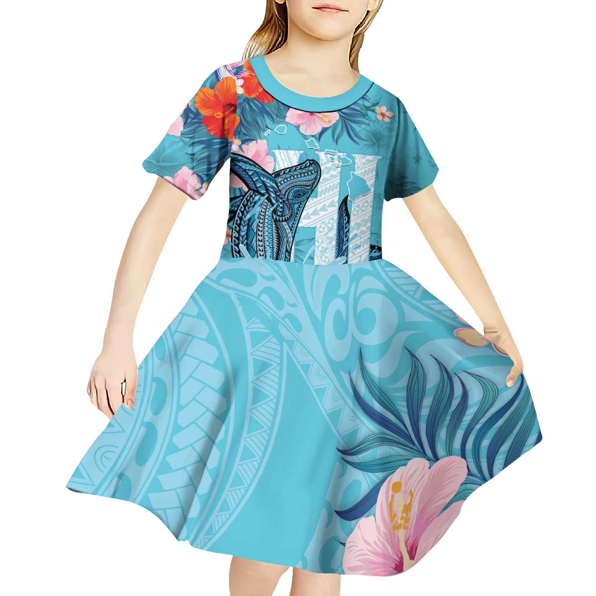 Personalised Hawaii Kid Short Sleeve Dress Humpback Whale Tattoo With Tropical Flowers LT14 - Polynesian Pride