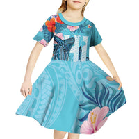 Personalised Hawaii Kid Short Sleeve Dress Humpback Whale Tattoo With Tropical Flowers LT14 - Polynesian Pride
