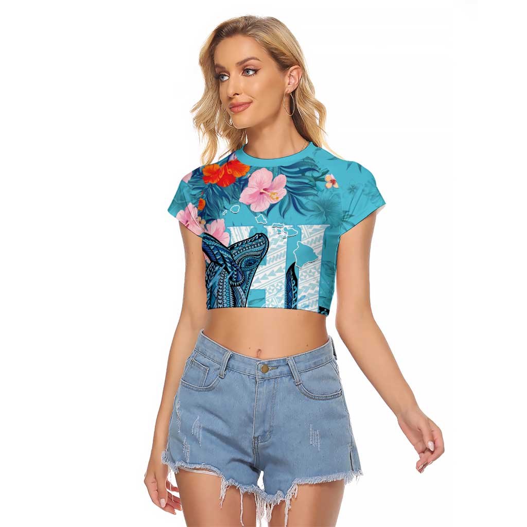 Personalised Hawaii Raglan Cropped T Shirt Humpback Whale Tattoo With Tropical Flowers LT14 Female Blue - Polynesian Pride