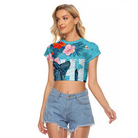 Personalised Hawaii Raglan Cropped T Shirt Humpback Whale Tattoo With Tropical Flowers LT14 Female Blue - Polynesian Pride