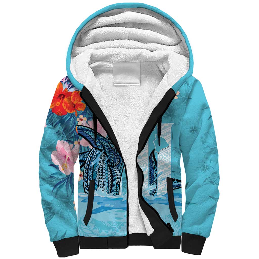 Personalised Hawaii Sherpa Hoodie Humpback Whale Tattoo With Tropical Flowers LT14 Unisex Blue - Polynesian Pride