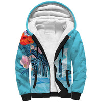 Personalised Hawaii Sherpa Hoodie Humpback Whale Tattoo With Tropical Flowers LT14 Unisex Blue - Polynesian Pride