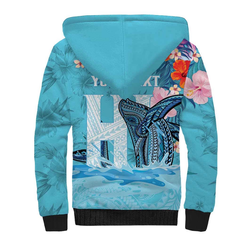 Personalised Hawaii Sherpa Hoodie Humpback Whale Tattoo With Tropical Flowers LT14 - Polynesian Pride