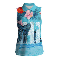 Personalised Hawaii Women Sleeveless Polo Shirt Humpback Whale Tattoo With Tropical Flowers LT14 Female Blue - Polynesian Pride